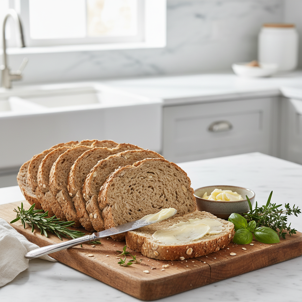 Supjaustyta avižinė duona ant medinės pjaustymo lentelės